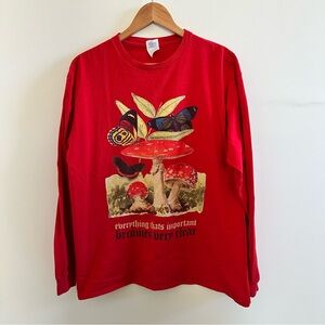 Red Long Sleeve Shirt with Mushroom and Butterfly Print